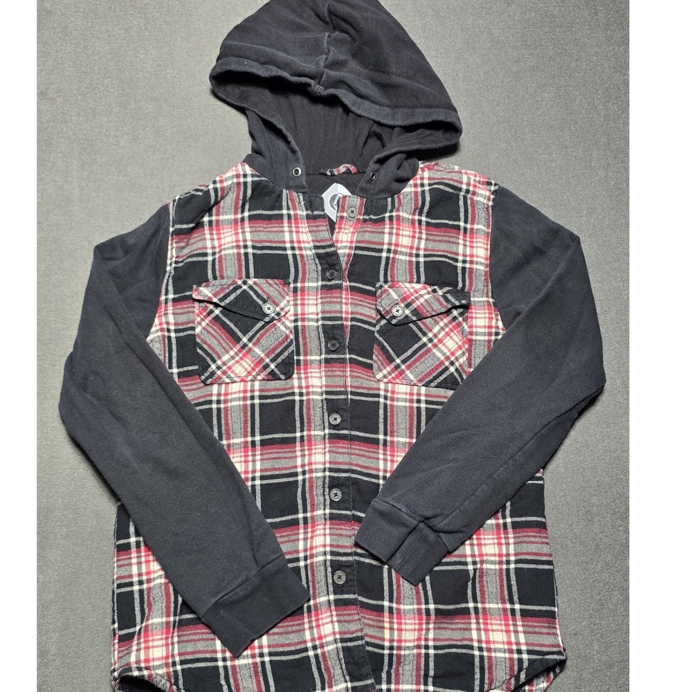 Volcom Hooded Flannel Shirt Jacket Button Up Red Black Plaid Womens ‎ M